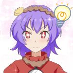  +_+ 1girl blush cato_(monocatienus) commentary_request hair_ornament light_bulb looking_at_viewer pink_background portrait purple_hair red_eyes red_shirt rope shirt short_hair simple_background smile solo sparkle touhou v-shaped_eyebrows yasaka_kanako 