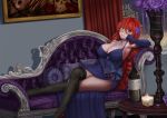  blush bottle breasts candle couch cup dress drinking_glass flower gloves hair_flower hair_ornament jewelry long_hair lounging necklace night painting_(object) red_hair silvertsuki1 thighhighs wine_bottle wine_glass yellow_eyes 