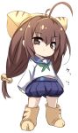  1girl animal_ears animal_hat antenna_hair bangs bell blue_sailor_collar blue_shorts blush brown_eyes brown_footwear brown_hair brown_headwear cat_ears cat_hat chibi closed_mouth di_gi_charat eyebrows_visible_through_hair full_body green_neckwear hair_bell hair_between_eyes hair_ornament hat jingle_bell karukan_(monjya) long_sleeves looking_at_viewer neckerchief paw_boots pleated_shorts puchiko sailor_collar shirt short_shorts shorts simple_background sleeves_past_wrists solo standing white_background white_shirt 