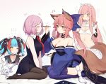  4girls :o ;p breasts character_request choker cleavage closed_eyes fate/grand_order fate_(series) fou_(fate/grand_order) large_breasts long_hair makeup mash_kyrielight medb_(fate)_(all) medium_breasts multicolored_hair multiple_girls muryotaro one_eye_closed pantyhose pink_hair short_twintails sitting spoken_x tamamo_(fate)_(all) thighhighs tongue tongue_out twintails v_arms wariza white_background yellow_eyes 