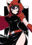  1girl arm_up bangs belt belt_buckle black_hair breasts buckle closed_mouth commentary_request covered_navel fake_horns grey_eyes hair_between_eyes highres hood hood_up horned_headwear horns kagari_(pokemon) pokemon pokemon_special red_belt shimure_(460) short_hair smile solo team_magma team_magma_uniform 