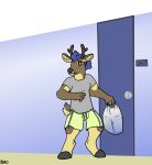  anthro bag blue_body blue_fur blue_hair brown_body brown_fur cervid clothed clothing deer_in_a_onesie_(artist) diaper diaper_package fur hair hi_res male mammal nervous sneaking solo 