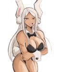  1girl animal_ear_fluff animal_ears bangs bare_legs black_bow black_leotard boku_no_hero_academia bow bowtie breasts bunny_ears bunny_girl bunny_tail bunnysuit cleavage dark_skin detached_collar fang grey_hair highres holding_arm large_breasts leotard long_hair looking_at_viewer mirko open_mouth parted_bangs rakeem_garcia-cueto red_eyes sketch solo strapless strapless_leotard tail wrist_cuffs 