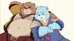  2020 anthro belly blue_body blue_fur bonasiah brown_body brown_fur clothing duo full_attack fur hug kemono male mammal moobs navel overweight overweight_male robe simple_background sitting ursid xingyuyaoxiong young 十泉浩 