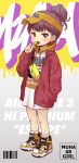  1girl :p black_hair blush candy child cover eyebrows_visible_through_hair food graffiti haaam hair_bun hand_in_pocket highres holding holding_candy holding_food holding_lollipop hood hoodie jacket licking lollipop magazine_cover original purple_eyes shoes sneakers solo tongue tongue_out visor_cap 
