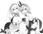  2girls ahoge anchor_choker arm_support azur_lane bangs bare_shoulders black_gloves blush bow breasts choker cleavage collarbone elbow_gloves eyebrows_visible_through_hair fang frilled_choker frills gloves greyscale hair_between_eyes hairband hamuhamu_hamuo hand_on_own_chest hand_up high_heels kent_(azur_lane) kneeling lace-trimmed_hairband large_breasts leaning_forward looking_at_viewer monochrome multiple_girls open_mouth puffy_short_sleeves puffy_sleeves short_hair short_sleeves simple_background sirius_(azur_lane) sleeveless smile thighhighs white_background white_hair white_legwear 