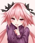  1boy absurdres astolfo_(fate) bangs black_bow blush bow center_frills fang fate/apocrypha fate_(series) finger_to_mouth hair_between_eyes hair_intakes highres index_finger_raised long_hair long_sleeves looking_at_viewer low_twintails multicolored_hair nagishy open_mouth otoko_no_ko pink_hair purple_eyes purple_shirt shirt shushing skin_fang smile streaked_hair twintails white_hair 