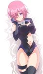  1girl azumaya_hironaru black_legwear black_leotard blush breasts cleavage closed_mouth elbow_gloves eyebrows_visible_through_hair fate/grand_order fate_(series) gloves hair_over_one_eye highres leotard looking_at_viewer mash_kyrielight medium_breasts midriff navel pink_hair purple_eyes shiny shiny_hair shiny_skin short_hair solo standing stomach stomach_cutout thigh_strap thighhighs white_background 