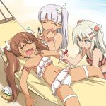  3girls bangs bikini blonde_hair blush body_writing bow brown_hair closed_eyes commentary_request drooling eyebrows_visible_through_hair fang frilled_bikini frills grecale_(kantai_collection) hair_bobbles hair_bow hair_ornament hair_ribbon hammock kantai_collection libeccio_(kantai_collection) long_hair lying maestrale_(kantai_collection) multiple_girls navel one-piece_tan open_mouth ribbon side_ponytail silver_hair sleeping spread_legs strap_slip swimsuit tan tanline tewarusa thigh_strap twintails 