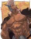  1boy abs bara chest dark_skin dark_skinned_male gakuran half_mask horns jacket jacket_on_shoulders male_focus muscle navel nikism nipples pectorals school_uniform shuten_douji_(tokyo_houkago_summoners) single_horn solo tokyo_houkago_summoners translation_request upper_body white_hair 