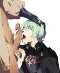  2boys bangs bara black_cape black_gloves byleth_(fire_emblem) byleth_(fire_emblem)_(male) cape dark_skin erection fellatio fire_emblem fire_emblem:_three_houses gloves green_eyes green_hair hair_between_eyes hand_on_another&#039;s_head kukumomo licking_penis looking_up male_focus male_pubic_hair multiple_boys open_clothes open_mouth open_shirt oral out_of_frame patreon_logo patreon_username penis pubic_hair puffy_sleeves short_hair standing testicle_grab testicles thighs white_background yaoi 