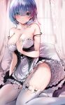  cleavage maid no_bra re_zero_kara_hajimeru_isekai_seikatsu rem_(re_zero) sak skirt_lift stockings thighhighs 