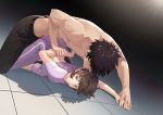  1boy 1girl arm_behind_back black_hair black_pants brown_eyes brown_hair catcan closed_mouth crop_top dutch_angle highres holding_hands kougami_shin&#039;ya midriff pants psycho-pass purple_pants shiny shiny_hair short_hair short_sleeves smile submission_hold topless tsunemori_akane white_sleeves wrestling wrist_grab 