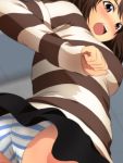  1girl :o ass black_skirt blue_panties blurry blurry_background blush brown_eyes brown_hair brown_shirt clenched_hand from_below indoors long_sleeves original panties shirt skirt solo striped striped_panties striped_shirt twisted_torso underwear yadokari_genpachirou 