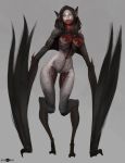  1girl banjiu_e&#039;vik bat_girl bat_wings black_hair blood blood_on_face breasts facial_mark fur grey_background long_hair monster monster_girl navel no_pupils original parted_lips pointy_ears red_lips signature simple_background solo standing vampire veins wings yellow_eyes 