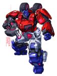  1boy blue_eyes character_name clenched_hand copyright_name gun holding holding_gun holding_weapon mecha no_humans optimus_prime ryuuichirou_(haineken) solo transformers transformers:_war_for_cybertron weapon white_background 