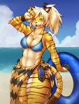  2017 340m/sec 3:4 4_fingers accessory anthro athletic beach big_breasts bikini blonde_hair blue_eyes blush breasts brown_body brown_fur brown_nose brown_stripes cheek_tuft chest_tuft claws cleavage clothed clothing cloud countershading cute_fangs day detailed_background dipstick_tail facial_tuft felid female finger_claws fingers full_bokko_heroes_x fullbokko_heroes fur hair hair_accessory hair_tie happy hi_res holding_object inner_tube kanji kemono long_hair looking_at_viewer mammal midriff monotone_hair multicolored_body multicolored_fur multicolored_tail muscular muscular_female navel one_eye_closed open_mouth open_smile outside pantherine ponytail portrait raised_arm sand sea seaside sky smile solo standing string_bikini striped_body striped_fur striped_tail stripes swim_ring swimwear tan_body tan_fur teeth thick_thighs three-quarter_portrait tiger translucent translucent_clothing tuft water yellow_body yellow_fur zhang_fei_(fullbokko_heroes) 
