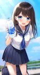  1girl :d absurdres bag black_hair blue_eyes blue_neckwear blue_sailor_collar blue_skirt blue_sky blurry blurry_background blush bottle cloud commentary_request eyebrows_visible_through_hair highres holding long_hair neckerchief open_mouth original outdoors parum39 pleated_skirt sailor_collar school_bag school_uniform serafuku shirt short_sleeves skirt sky smile solo water_bottle white_shirt 