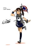  1girl anyan_(jooho) black_legwear black_neckwear black_scarf blush_stickers brown_eyes brown_hair flag full_body grey_footwear highres kneehighs mecha_musume medium_skirt navy_blue_skirt original overalls royal_thai_navy running scarf shirt shoes short_sleeves simple_background skirt solo thai_flag uh-60_blackhawk white_background white_shirt 