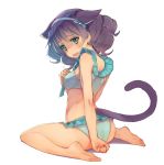  1girl animal_ears ass bangs bare_arms bare_legs bare_shoulders barefoot bikini black_hair blue_bikini blush breasts cat_ears cat_girl cat_tail cyan_(show_by_rock!!) drill_hair eyebrows_visible_through_hair fang frilled_bikini frills full_body green_eyes hand_up highres long_hair looking_at_viewer looking_back medium_breasts nyama open_mouth shadow show_by_rock!! sitting soles solo swimsuit tail wariza wavy_mouth white_background 