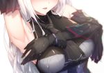  1girl arknights arm_up armpits bangs bare_shoulders black_gloves blush breasts close-up detached_sleeves gloves highres large_breasts leria_v long_hair necktie shirt simple_background skadi_(arknights) solo very_long_hair water_drop wet white_background 