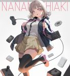  1girl backpack bag black_jacket black_legwear breasts cable character_name collared_shirt controller danganronpa game_console game_controller jacket keyboard_(computer) leg_up long_sleeves looking_at_viewer mary_janes miniskirt nanami_chiaki neck_ribbon open_clothes open_jacket parted_lips pink_footwear pleated_skirt ribbon shirt shirt_tucked_in shoes short_hair skirt sl86 small_breasts solo super_danganronpa_2 thighhighs white_background white_shirt yellow_skirt zettai_ryouiki 