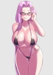  1girl arm_under_breasts bangs bare_shoulders bikini black_bikini blush breasts cleavage closed_mouth collarbone fate/stay_night fate_(series) forehead glasses highleg highleg_bikini highres large_breasts licking_lips long_hair looking_at_viewer navel parted_bangs purple_eyes purple_hair rider shichitsufuji simple_background smile swimsuit thighs tongue tongue_out very_long_hair 