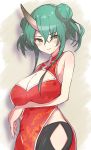  1girl absurdres arknights bangs bare_arms bare_shoulders breast_hold breasts ch&#039;en_(arknights) ch&#039;en_(arknights)_(cosplay) cleavage commentary_request cosplay double_bun drop_shadow eyebrows_visible_through_hair furuki_ayaginutaira green_hair hair_between_eyes highres horns hoshiguma_(arknights) large_breasts long_hair looking_at_viewer single_horn solo upper_body 