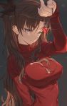  1girl absurdres black_bow black_hair blue_eyes bow breasts covered_nipples cross fate/stay_night fate_(series) hair_bow hair_ornament highres holding holding_jewelry holding_necklace hong jewelry jewelry_removed large_breasts light_frown long_hair looking_at_viewer necklace necklace_removed simple_background solo tohsaka_rin turtleneck two_side_up upper_body very_long_hair 