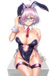  1girl animal_ears bangs bare_shoulders black_leotard blush breasts bunny_ears bunnysuit center_opening cleavage closed_mouth collarbone detached_collar fake_animal_ears fate/grand_order fate_(series) fishnet_legwear fishnets glasses hair_over_one_eye highleg highleg_leotard highres large_breasts lavender_hair leotard looking_at_viewer mash_kyrielight nenchi purple_eyes short_hair simple_background sitting smile thighs white_background wrist_cuffs 