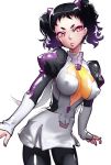  1girl black_hair breasts covered_nipples frown genderswap genderswap_(mtf) juliet_sleeves leggings long_sleeves medium_breasts personification puffy_sleeves red_eyes ryuuichirou_(haineken) short_eyebrows skywarp solo transformers twintails v-shaped_eyebrows white_background 