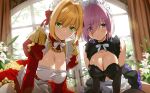  2girls bangs bare_shoulders blonde_hair blush bow bowtie breasts cleavage cleavage_cutout commentary_request day dress epaulettes eyebrows_visible_through_hair fate/grand_order fate_(series) flower green_eyes hair_over_one_eye indoors large_breasts long_sleeves looking_at_viewer maid_headdress mash_kyrielight multiple_girls nero_claudius_(fate) nero_claudius_(fate)_(all) parted_lips pink_hair puffy_sleeves purple_eyes shiny shiny_hair shiny_skin short_dress simple_background sleeveless sleeveless_dress smile tied_hair yang-do 