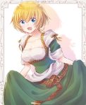  1girl :d absurdres arte arte_(character) blonde_hair blue_eyes breasts cleavage dress green_dress hair_between_eyes highres looking_at_viewer medium_breasts nyaa_(nnekoron) open_mouth short_ponytail short_sleeves simple_background skirt_hold smile solo standing 