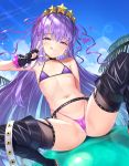  1girl :q armpits ass bare_shoulders bb_(fate)_(all) bb_(swimsuit_mooncancer)_(fate) bead_bracelet beads bikini black_choker black_gloves black_legwear blue_sky bracelet cameltoe choker closed_mouth earrings fate/grand_order fate_(series) fingerless_gloves garter_belt gloves hairband half-closed_eyes halterneck highleg highleg_bikini jewelry latex long_hair looking_at_viewer matanonki micro_bikini naughty_face navel partially_visible_vulva purple_bikini purple_eyes purple_hair sitting sky smile solo spread_legs star_(symbol) stomach string_bikini swimsuit thighhighs thighs tongue tongue_out very_long_hair w 