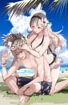  1boy 1girl beach bikini bikini_skirt blonde_hair blue_sky blush corrin_(fire_emblem) corrin_(fire_emblem)_(female) feet fire_emblem fire_emblem_fates fire_emblem_heroes flower flower_necklace grass hair_flower hair_ornament hibiscus highres jewelry long_hair looking_at_another misu_kasumi necklace ocean sitting sky smile swimsuit takumi_(fire_emblem) white_bikini 