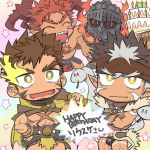  4boys abs beard blush brown_hair cake chest_tattoo chibi dark_skin dark_skinned_male facial_hair flaming_eye food happy_birthday headband helmet hercules_(tokyo_houkago_summoners) horns ifrit_(tokyo_houkago_summoners) looking_at_viewer male_focus multiple_boys muscle nikism pointy_ears red_hair spiked_hair standing surtr_(tokyo_houkago_summoners) tangaroa tattoo tokyo_houkago_summoners upper_body white_hair yellow_eyes 