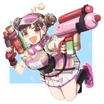  1girl :d antennae breasts brown_hair double_bun fingerless_gloves gloves goggles goggles_around_neck gun hair_ornament heart heart_hair_ornament holding holding_gun holding_water_gun holding_weapon idolmaster idolmaster_shiny_colors musical_note open_mouth red_eyes shoes short_twintails single_glove skirt smile socks solo sonoda_chiyoko super_soaker toy_gun twintails visor_cap water_gun weapon wm_(chawoo1357) 