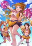  3girls :d ;d absurdres arm_up bare_arms bare_shoulders bike_shorts black_hair blue_eyes breasts brown_hair cheerleader cloud confetti crop_top crop_top_overhang green_eyes hair_intakes highres himekawa_yuki hino_akane_(idolmaster) holding holding_pom_poms idolmaster idolmaster_cinderella_girls leg_up long_hair looking_at_viewer medium_breasts midriff miniskirt mio_(mgr300) multiple_girls navel one_eye_closed open_mouth orange_hair pleated_skirt pom_poms ponytail shirt shoes shorts shorts_under_skirt skirt sky sleeveless sleeveless_shirt smile thighhighs thighs wakabayashi_tomoka wavy_hair white_legwear yellow_shirt yellow_skirt 