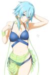  1girl aqua_hair bikini blue_bikini blue_eyes breasts hair_ornament hairclip highres looking_at_viewer medium_breasts mitsugu navel sarong shiny shiny_hair short_hair short_hair_with_long_locks side-tie_bikini simple_background sinon sinon_(solus) solo standing swimsuit sword_art_online sword_art_online:_alicization_-_war_of_underworld white_background 