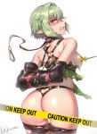  1girl arms_behind_back ass bare_shoulders bdsm blush bondage bondage_outfit bound box_tie breasts caution_tape collar convenient_censoring cowboy_shot elf from_behind goblin_slayer goblin_slayer! green_eyes green_hair heart_cutout high_elf_archer_(goblin_slayer!) keep_out leash looking_back lxkate medium_breasts medium_hair nipple_pull o-ring pointy_ears pussy_juice restrained signature simple_background small_breasts solo torn_clothes white_background 