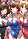  3girls animal_ears black_leotard black_neckwear blue_eyes blue_leotard blue_neckwear bob_cut bow bowtie breasts brown_hair bunny_ears bunny_girl bunnysuit cleavage commentary_request detached_collar fate_testarossa large_breasts leotard long_hair looking_at_viewer lyrical_nanoha mahou_shoujo_lyrical_nanoha_strikers multiple_girls necktie open_mouth pantyhose pink_background red_leotard red_neckwear sen_(sansui) shiny shiny_clothes short_hair simple_background smile sparkle strapless strapless_leotard takamachi_nanoha twintails wrist_cuffs yagami_hayate 