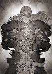  1boy armor breastplate closed_mouth cowboy_shot eyepatch faulds floating_hair full_armor gauntlets greyscale hands_on_hilt highres knight_dervleit_(kotatsu_(g-rough)) kotatsu_(g-rough) long_hair looking_at_viewer male_focus monochrome one_eye_covered original pauldrons planted_sword planted_weapon shoulder_armor solo sword weapon 