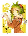  1girl bangs clenched_teeth goggles goggles_on_head green_eyes green_hair gumi haru_(oomr005) highres holding holding_wrench jacket long_sleeves orange_jacket outline paint_splatter short_hair_with_long_locks solo squiggle sweat teeth towel towel_around_neck upper_body vocaloid wrench yellow_background 