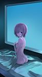  1girl ass back bangs bed_sheet breasts closed_mouth fate/grand_order fate_(series) hair_over_one_eye highres large_breasts lavender_hair looking_at_viewer looking_back mash_kyrielight nude on_bed purple_eyes shirotsumekusa short_hair sitting 