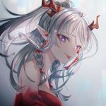  1girl :p arknights bandeau bangs bare_shoulders breasts commentary eyeshadow fuyuumikou grey_background half_updo highres horns long_hair looking_at_viewer makeup medium_breasts nian_(arknights) pointy_ears purple_eyes silver_hair solo strapless tongue tongue_out tubetop upper_body 