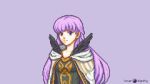  1girl black_clothes black_feathers breasts cape cloak closed_mouth commission commissioner_upload expressionless feathers fire_emblem fire_emblem:_the_binding_blade fire_emblem_heroes long_hair lunar_dignity medium_breasts pixel_art purple_background purple_eyes purple_hair signature solo sophia_(fire_emblem) very_long_hair white_cape white_cloak 