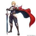  1boy armor belt blonde_hair blue_eyes breastplate cape ex_albio full_body gloves greaves k-suwabe male_focus nijisanji pauldrons shoulder_armor simple_background smile solo standing sword virtual_youtuber weapon white_background 