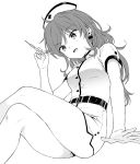  1girl ass belt buttons chigusa_asuha crossed_legs dress earrings greyscale hand_up hat holding invisible_chair jewelry monochrome nurse nurse_cap open_mouth panties qualidea_code sekiya_asami short_dress short_sleeves sidelocks sitting smile solo syringe thighs underwear white_dress 