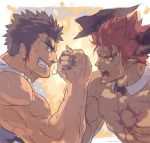  2boys abs arm_wrestling bara beard brown_hair chest chest_tattoo collarbone dark_skin dark_skinned_male facial_hair horns ifrit_(tokyo_houkago_summoners) kengo_(tokyo_houkago_summoners) male_focus manly multiple_boys muscle nikism nipples pectorals pointy_ears red_eyes red_hair shirtless sketch spiked_hair tank_top tattoo tokyo_houkago_summoners upper_body 