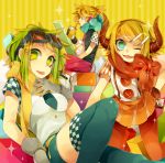  1boy 2girls bangs blonde_hair blue_eyes blue_legwear blue_scarf breasts buttons checkered colorful cup disposable_cup drink fang gloves goggles goggles_on_head green_eyes green_hair gumi hair_ornament hairclip haru_(oomr005) headphones horns kagamine_len kagamine_rin multiple_girls necktie one_eye_closed open_mouth orange_legwear pantyhose red_scarf scarf short_sleeves shorts skirt sparkle striped striped_background thighhighs tongue vocaloid yellow_background yellow_scarf 